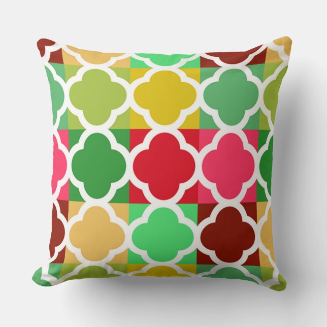 Brightly coloured Quilt style Quatrefoil patterns Throw Pillow (Front)