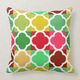 Brightly coloured Quilt style Quatrefoil patterns Throw Pillow