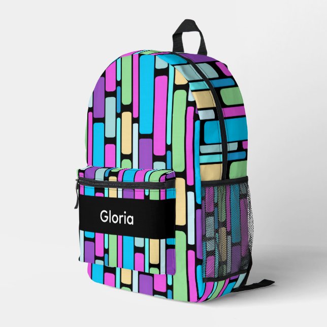 Brightly Coloured Retro Blocks Printed Backpack (Back Corner Right)