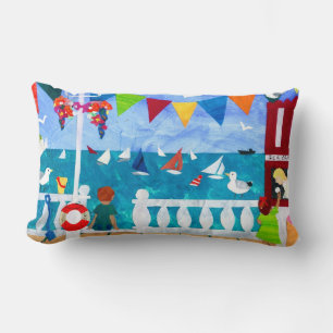 Brightly Coloured Sea View, Seagulls and Sailboats Lumbar Pillow