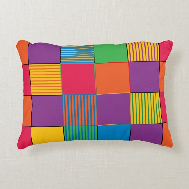 Brightly Coloured Squares and Stripes Accent Pillow (Front)