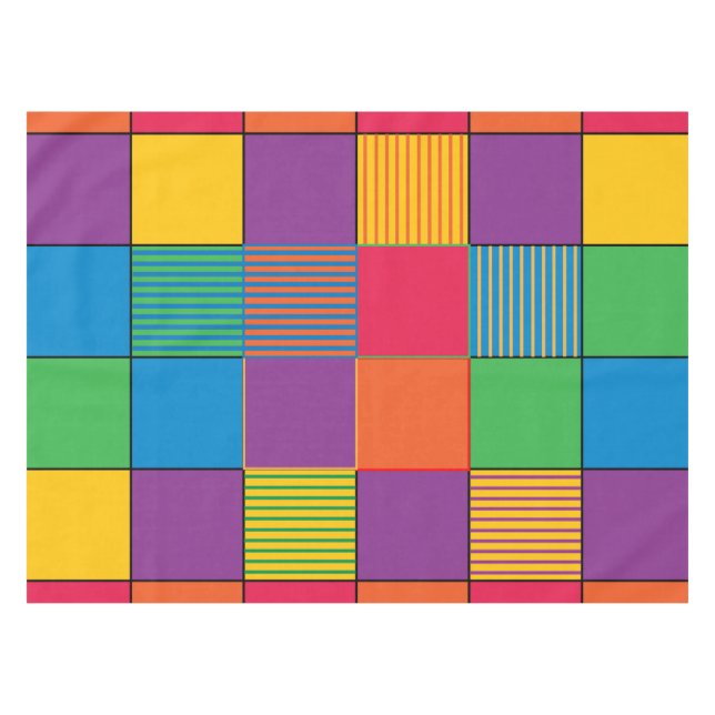 Brightly Coloured Squares and Stripes Tablecloth (Front (Horizontal))