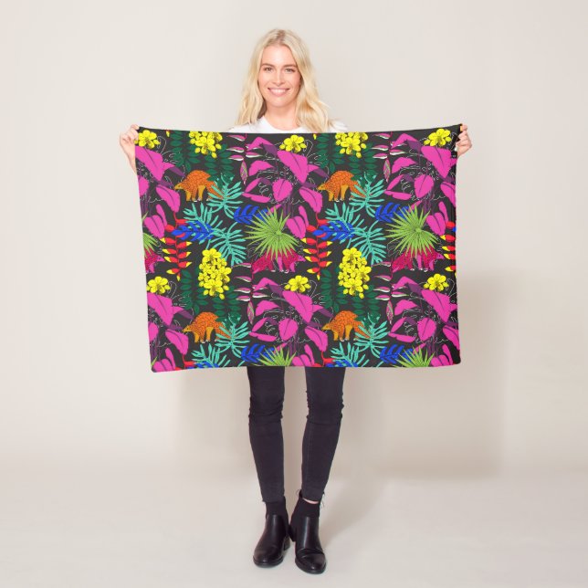 Brightly Coloured Tropical Leaves Flowers Patterne Fleece Blanket (In Situ)