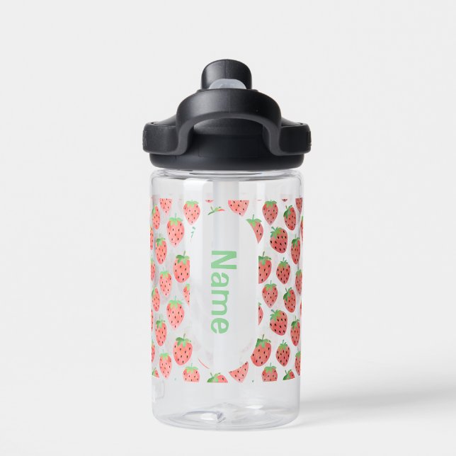 Brightly Pink & Red Strawberry Kids Personalized  Water Bottle (Back)