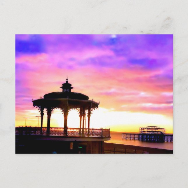 Brighton Bandstand and West Pier with sunset Postcard (Front)