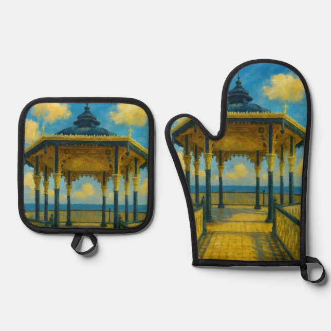 Brighton Bandstand Glow – Seaside Pavilion Oven Mitt & Pot Holder Set (Front)