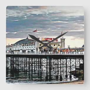 Brighton Pier & Cloudy Sky Digital Painting Square Wall Clock