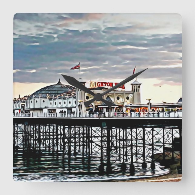 Brighton Pier & Cloudy Sky Digital Painting Square Wall Clock (Front)