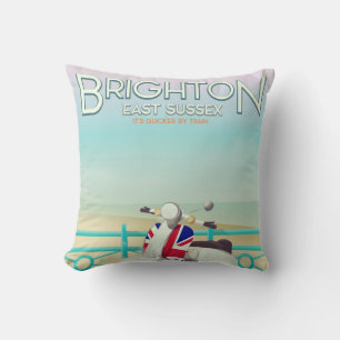 Brighton Vintage union jack scooter travel poster Throw Pillow