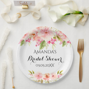 Briidal shower blush pink florals white name paper plate