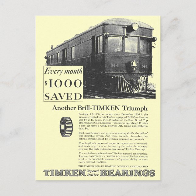 Brill Company 1926 M-1 Gas Electric Car Postcard (Front)