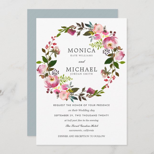Brilliant  Bloom | Elegant Floral Wreath  wedding Invitation (Front/Back)