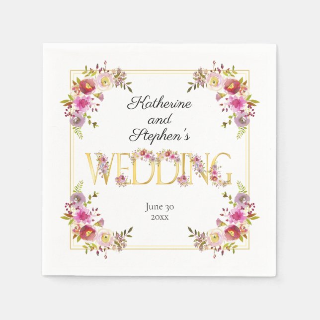 Brilliant Blooms | Gold Letters Watercolor Wedding Napkin (Front)