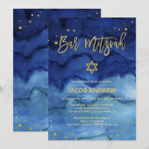 Brilliant Blue and Faux Gold Bar Mitzvah Invitation