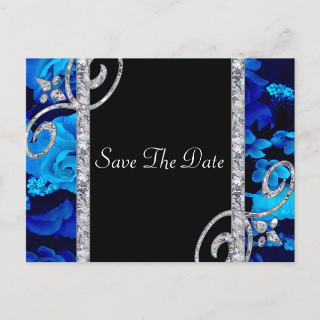 Brilliant Blue Roses & Diamond Swirls Wedding Announcement Postcard (Front)