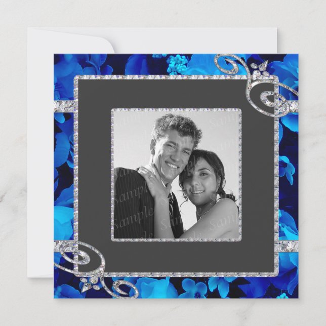 Brilliant Blue Roses & Diamond Swirls Wedding CSTM Invitation (Front)