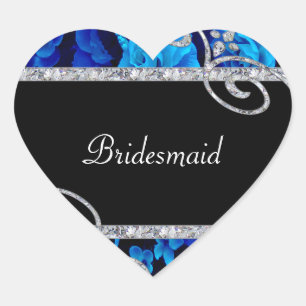 Brilliant Blue Roses & Diamond Swirls Wedding Heart Sticker