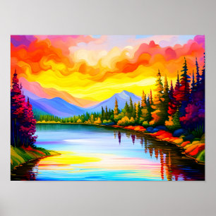 Brilliant colored drawing of rainbow over lake poster