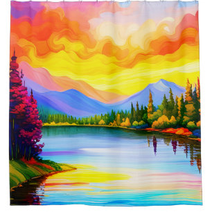 Brilliant coloured drawing of sunset over lake