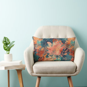 Brilliant Coral and Teal Abstract Floral Lumbar Pillow