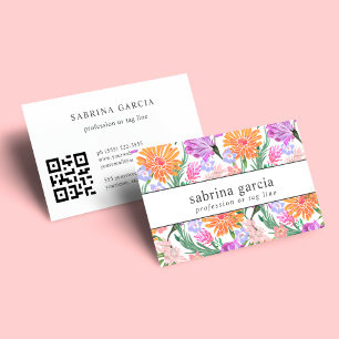 Brilliant Flowers   Purple orange blue QR Code  Business Card