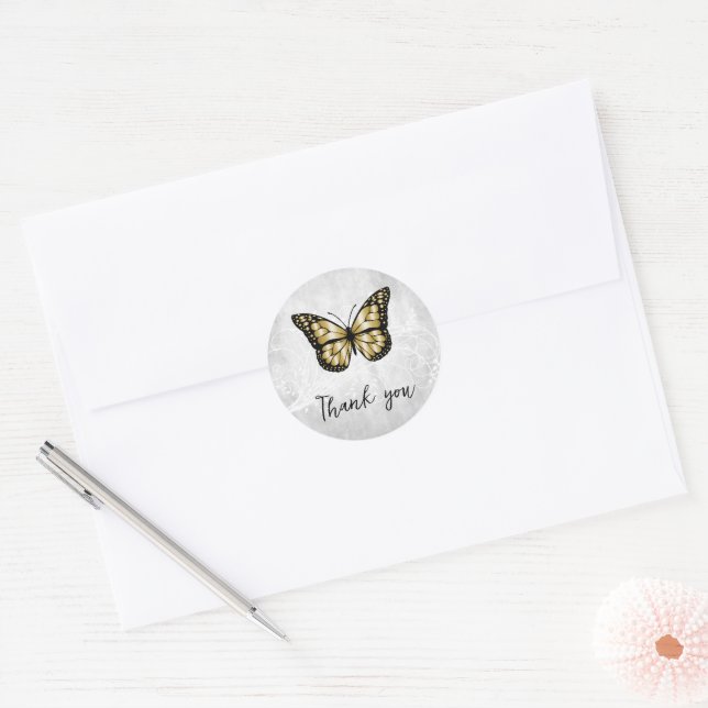 Brilliant Gold Butterfly Thank You Classic Round Sticker (Envelope)