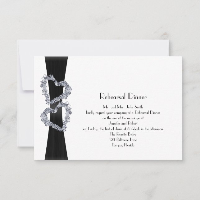 Brilliant Hearts:  Black Ribbon Rehearsal Dinner Invitation (Front)