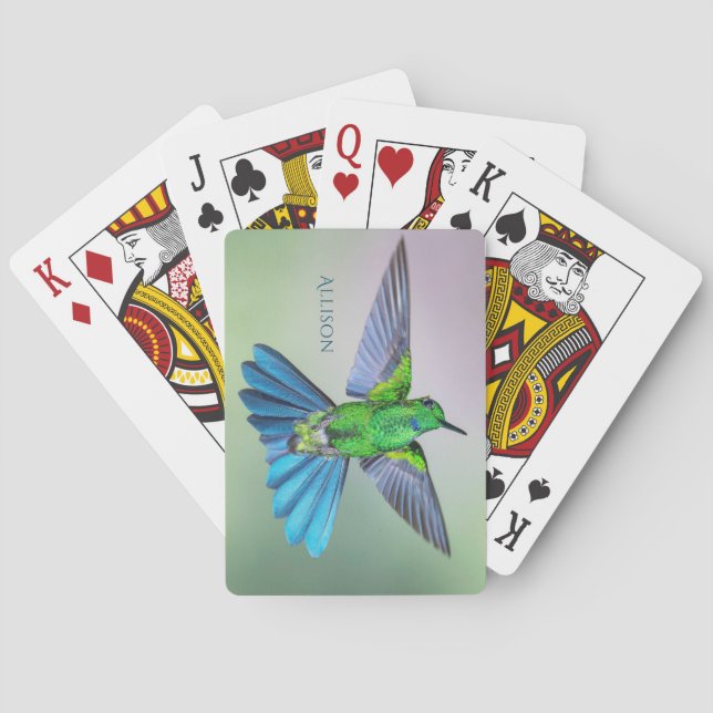 Brilliant Hummingbird Flying Personalized Name Playing Cards (Back)
