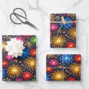 Brilliant Midnight Fireworks Pattern Wrapping Paper Sheet