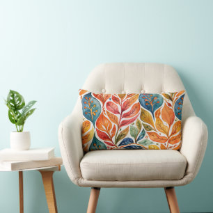 Brilliant Orange & Blue Abstract Leaves Lumbar Pillow