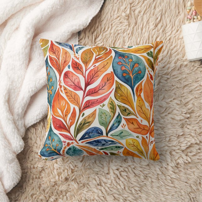 Brilliant Orange & Blue Abstract Leaves Throw Pillow (Blanket)