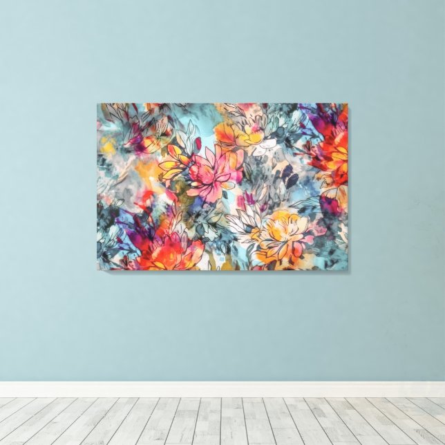 Brilliant Orange Pink and Teal Abstract Floral Canvas Print (Insitu(Wood Floor))