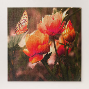 Brilliant Orange Rose And Butterfly Jigsaw Puzzle