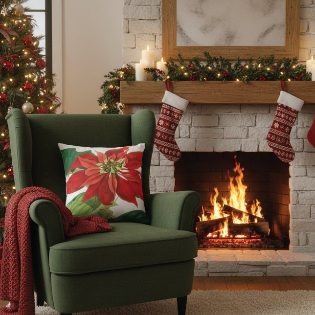 Brilliant Red Poinsettia Botanical Throw Pillow (Creator Uploaded)