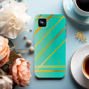 Brilliant Turquoise and Gold Personalized  iPhone 15 Mini Case