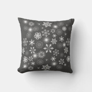  Brilliant White Winter Charcoal Gray Snowflakes Throw Pillow