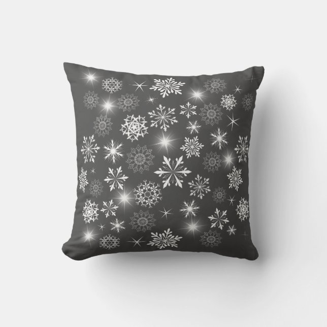  Brilliant White Winter Charcoal Grey Snowflakes Throw Pillow (Front)