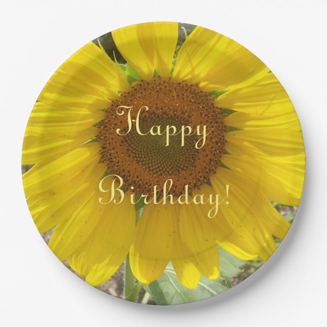 Brilliant Yellow Sunflower Birthday Paper Plate (Front)