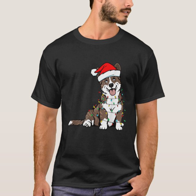 Brindle And White Corgi Dog Santa Merry Xmas Chris T-Shirt (Front)