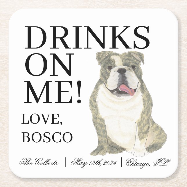 Brindle and White English Bulldog Dog Wedding Square Paper Coaster (Front)