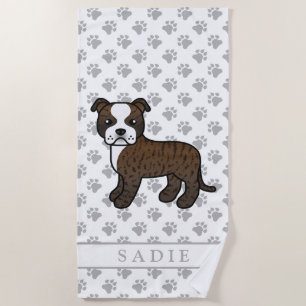 Brindle And White Staffie Cute Cartoon Dog & Name Beach Towel