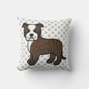 Brindle And White Staffie Cute Cartoon Dog & Paws Throw Pillow