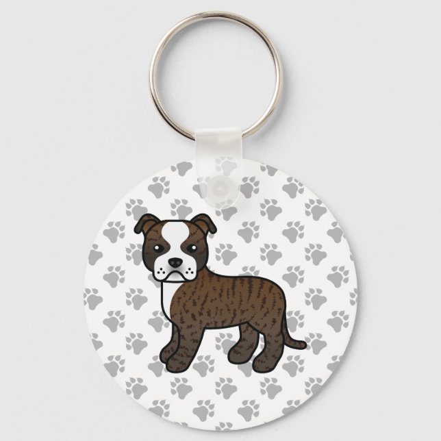 Brindle And White Staffordshire Bull Terrier Dog Keychain (Front)