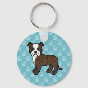 Brindle And White Staffordshire Bull Terrier Dog Keychain