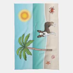 Brindle Boston Terrier At A Tropical Summer Beach Kitchen Towel