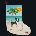 Brindle Boston Terrier At A Tropical Summer Beach Small Christmas Stocking<br><div class="desc">Destei's original cartoon illustration of a cute brindle and white coat colour Boston Terrier breed dog standing in a tropical summer beach scene. On the beige colour sand there is a palm tree, a pink seashell together with a starfish and a red crab. The water is turquoise blue with some...</div>