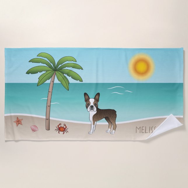 Brindle Boston Terrier At A Tropical Summer Beach Towel (Front)