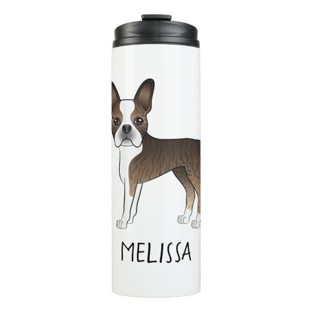 Brindle Boston Terrier Cartoon Dog & Custom Name Thermal Tumbler (Front)