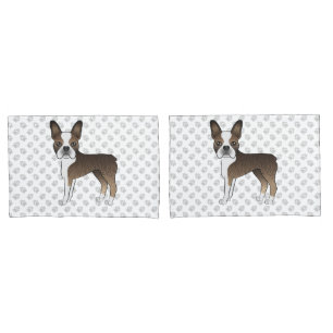 Brindle Boston Terrier Cartoon Dogs & Paws Pillowcase