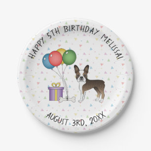 Brindle Boston Terrier Cute Cartoon Dog - Birthday Paper Plate